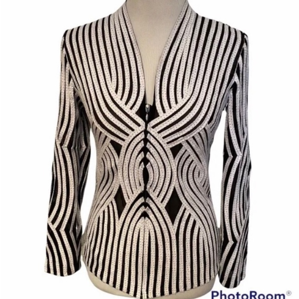 ALEXANDRA ROSATI - L Sz 14 black sheer/white ribbon zip top. GREAT CONDITION!